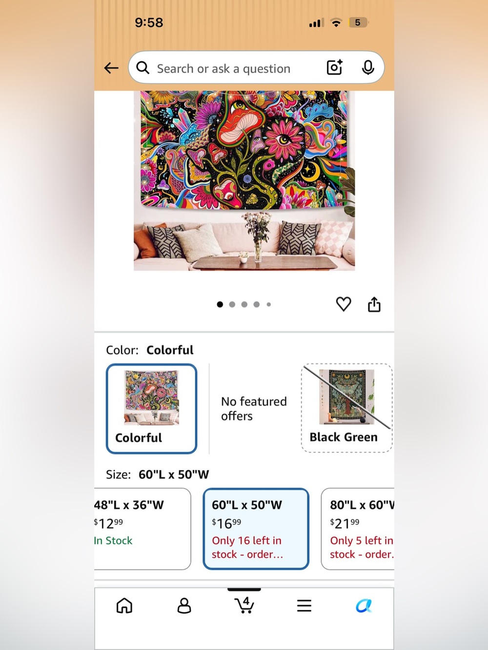 Lunerfex colorful Mushroom, Flower Tapestry